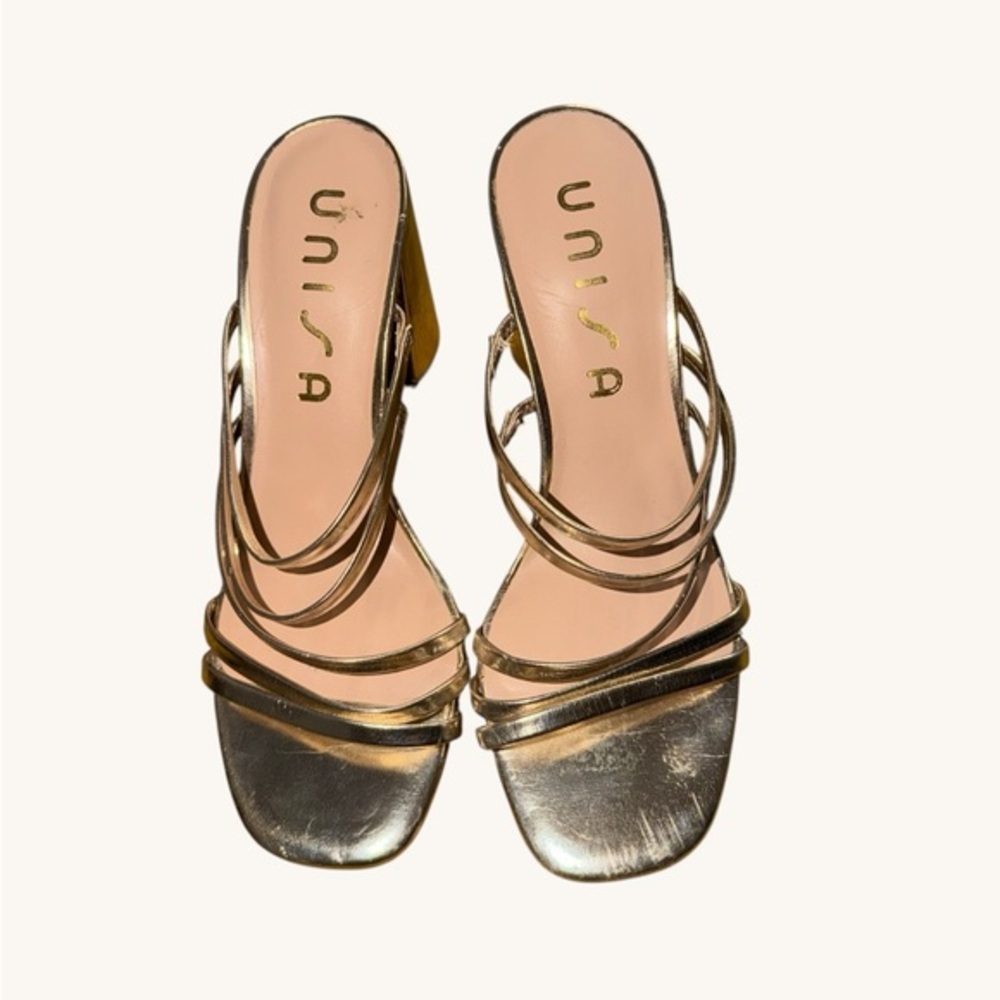 Unisa Gold Strappy Block Heel Sandals. Pre Loved